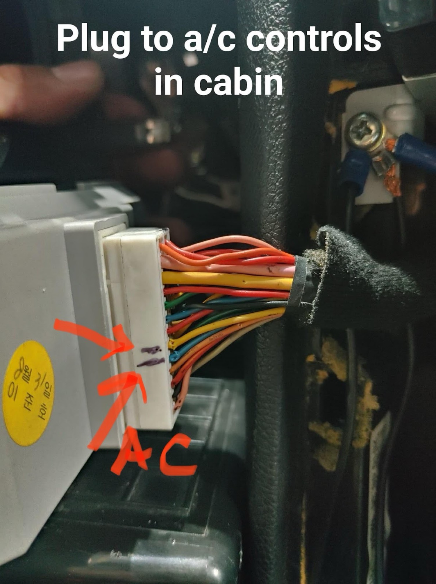 A/C control module plug in cabin with A/C pins marked