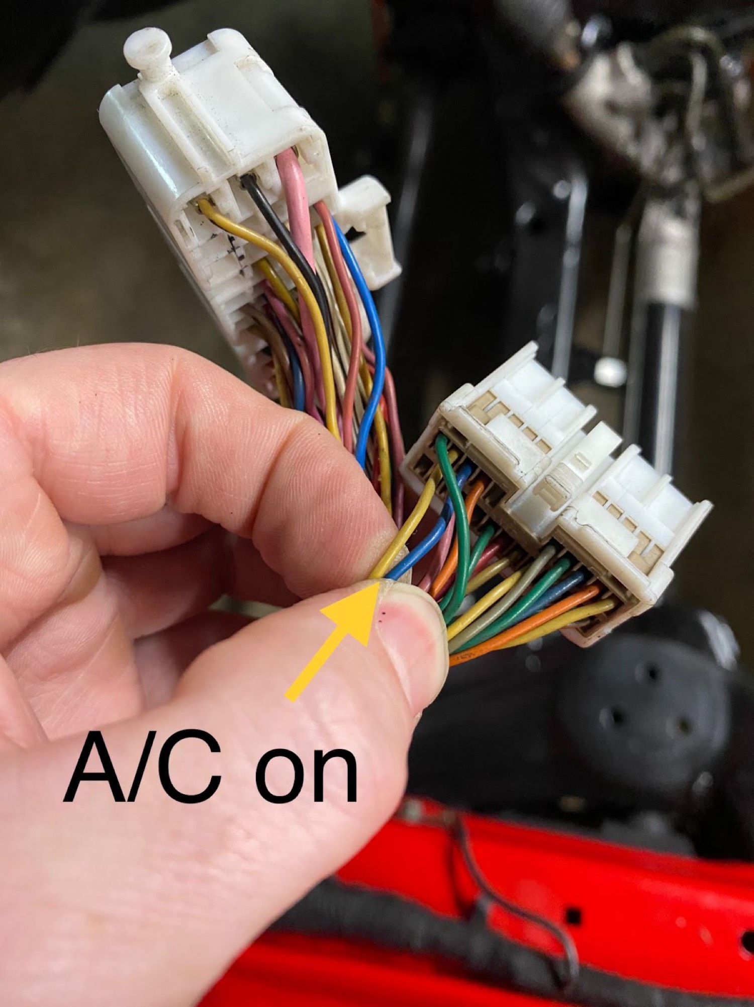 Yellow and blue A/C wires at passenger side connector