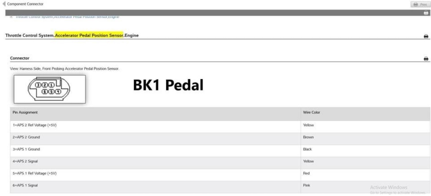BK1 accelerator pedal position sensor pinout table