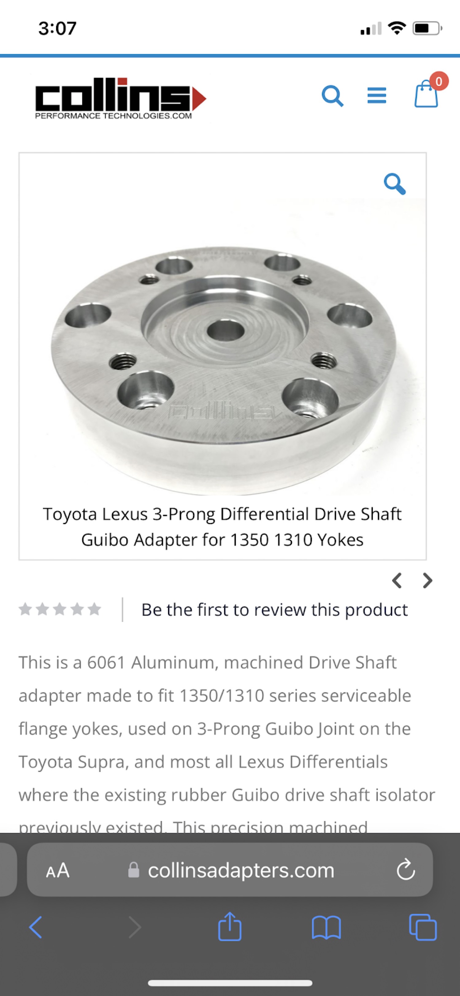 Collins differential drive shaft adapter listing