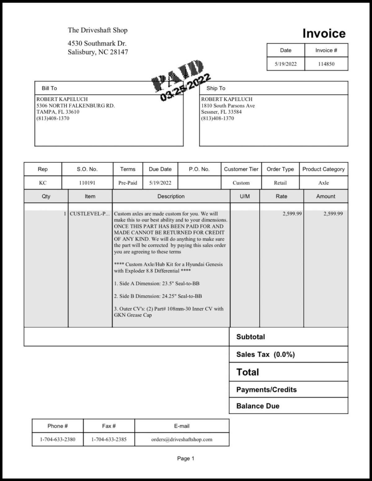 DSS invoice page 1 — custom axle dimensions