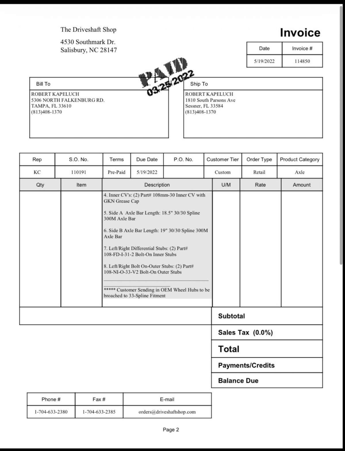 DSS invoice page 2 — axle bars and stubs