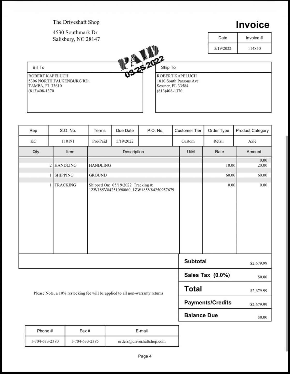 DSS invoice page 4 — totals and tracking