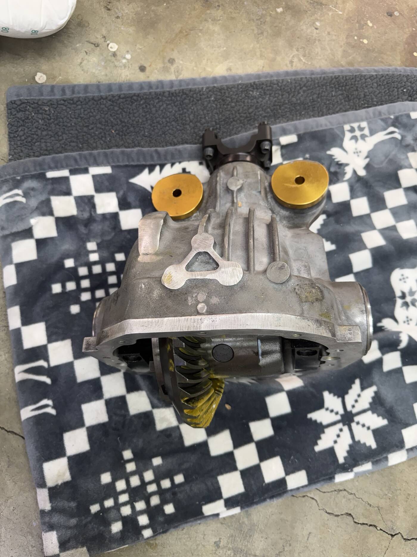 Open Ford 8.8 showing ring gear and plugs