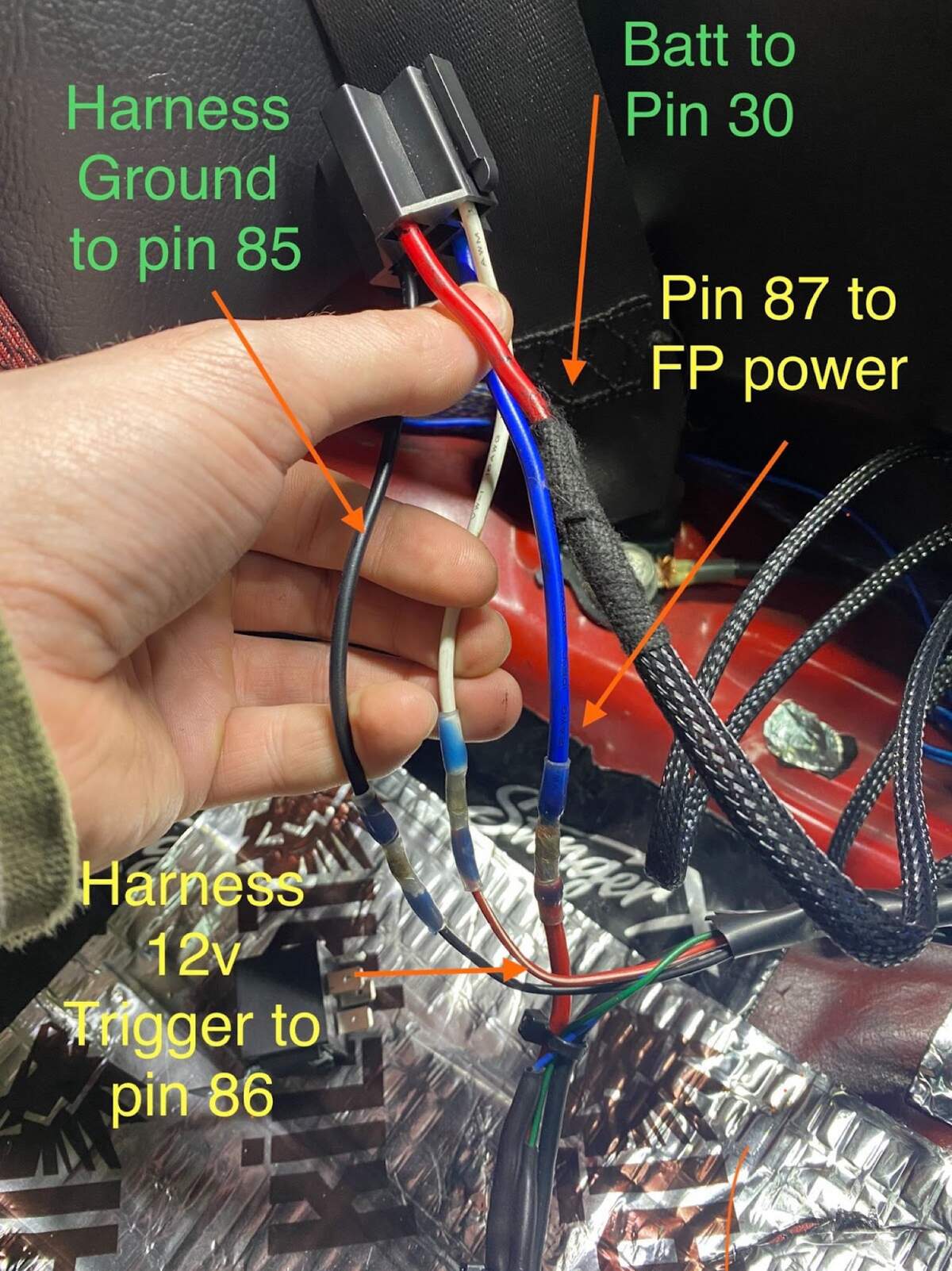 Fuel pump relay wiring labeled battery to pin 30, harness ground to 85, trigger to 86, pin 87 to FP power