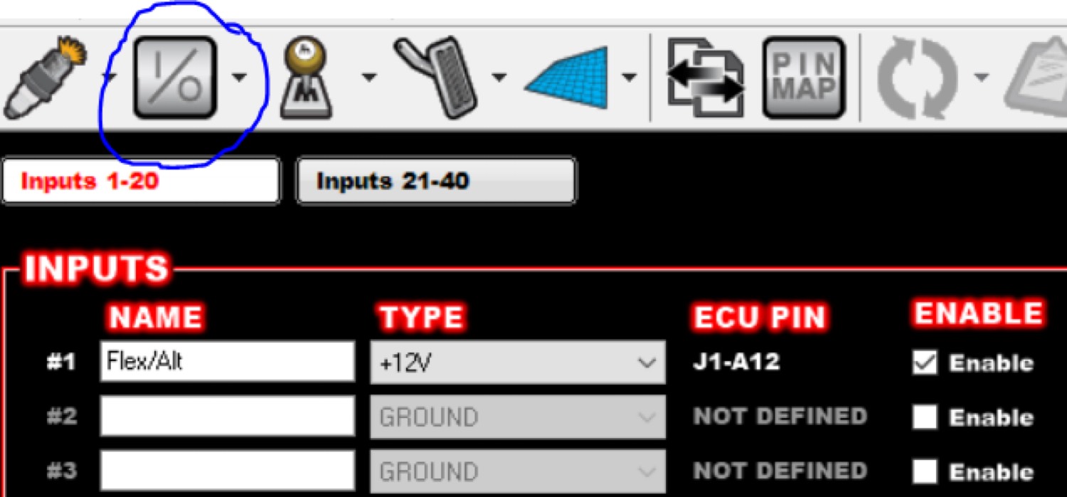 Holley inputs screen with Flex/Alt input on J1-A12 enabled
