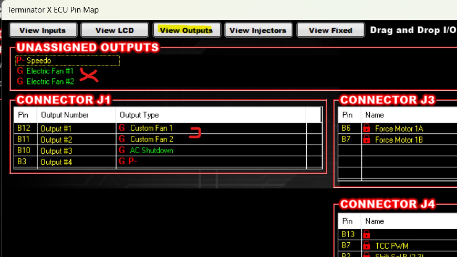 Holley Terminator X ECU pin map with custom fan outputs