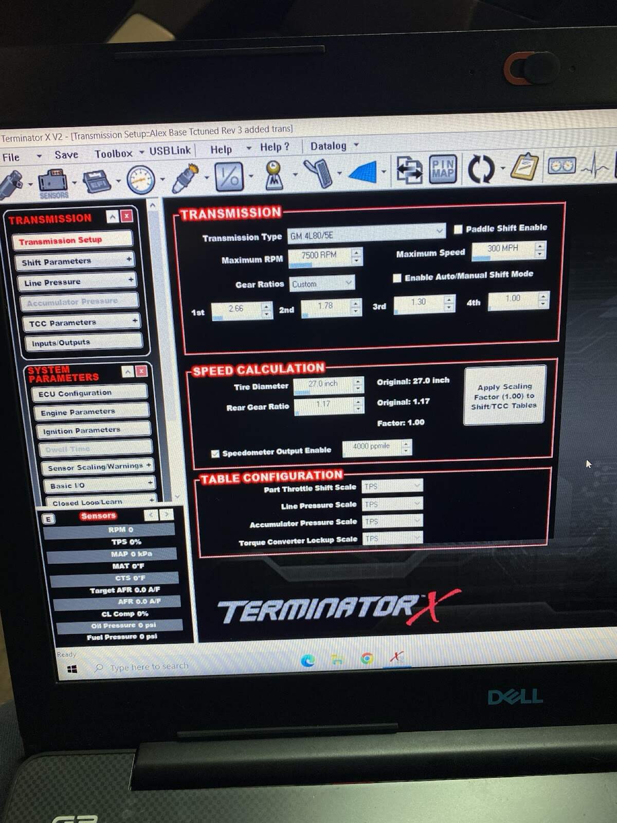 Holley Terminator X transmission speed calibration screen