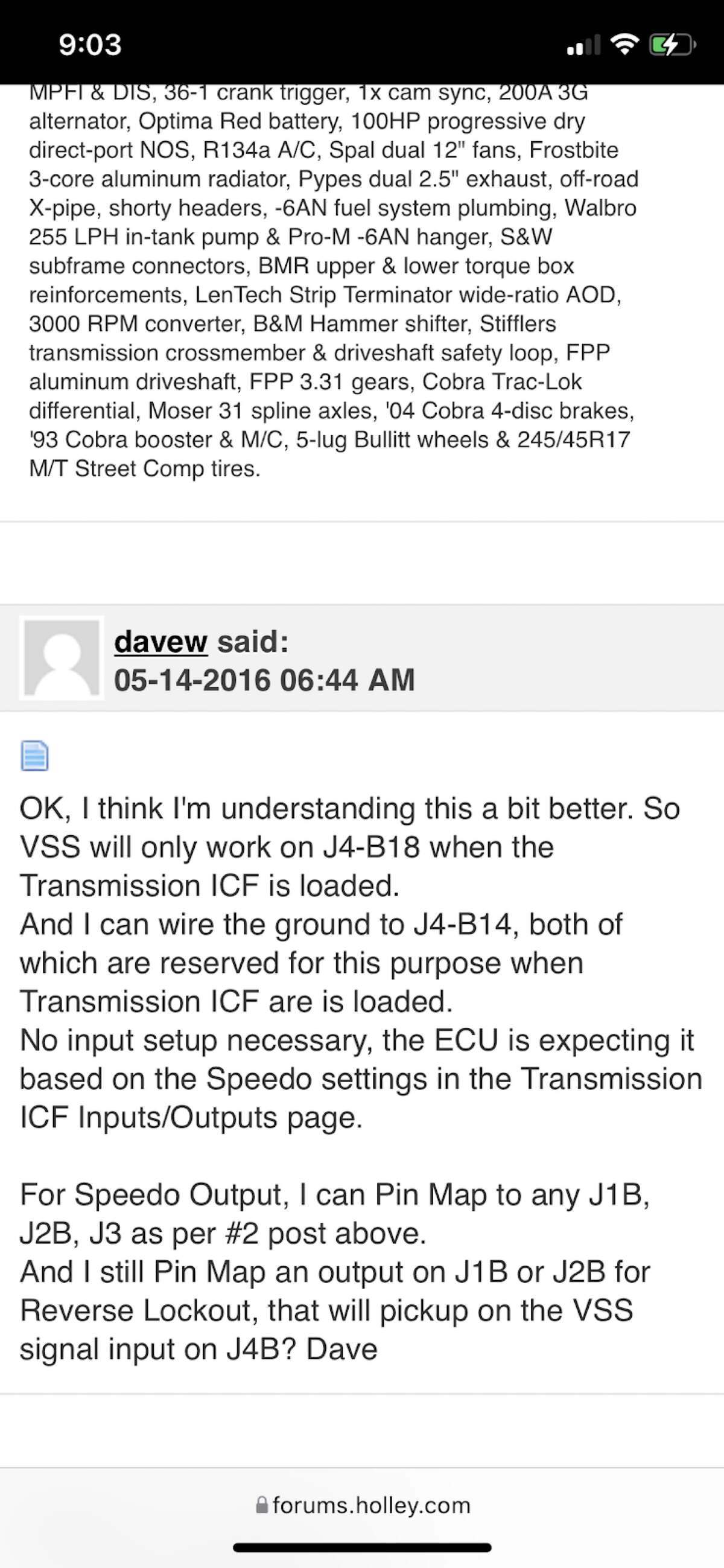 Holley forum post about VSS on J4 B18
