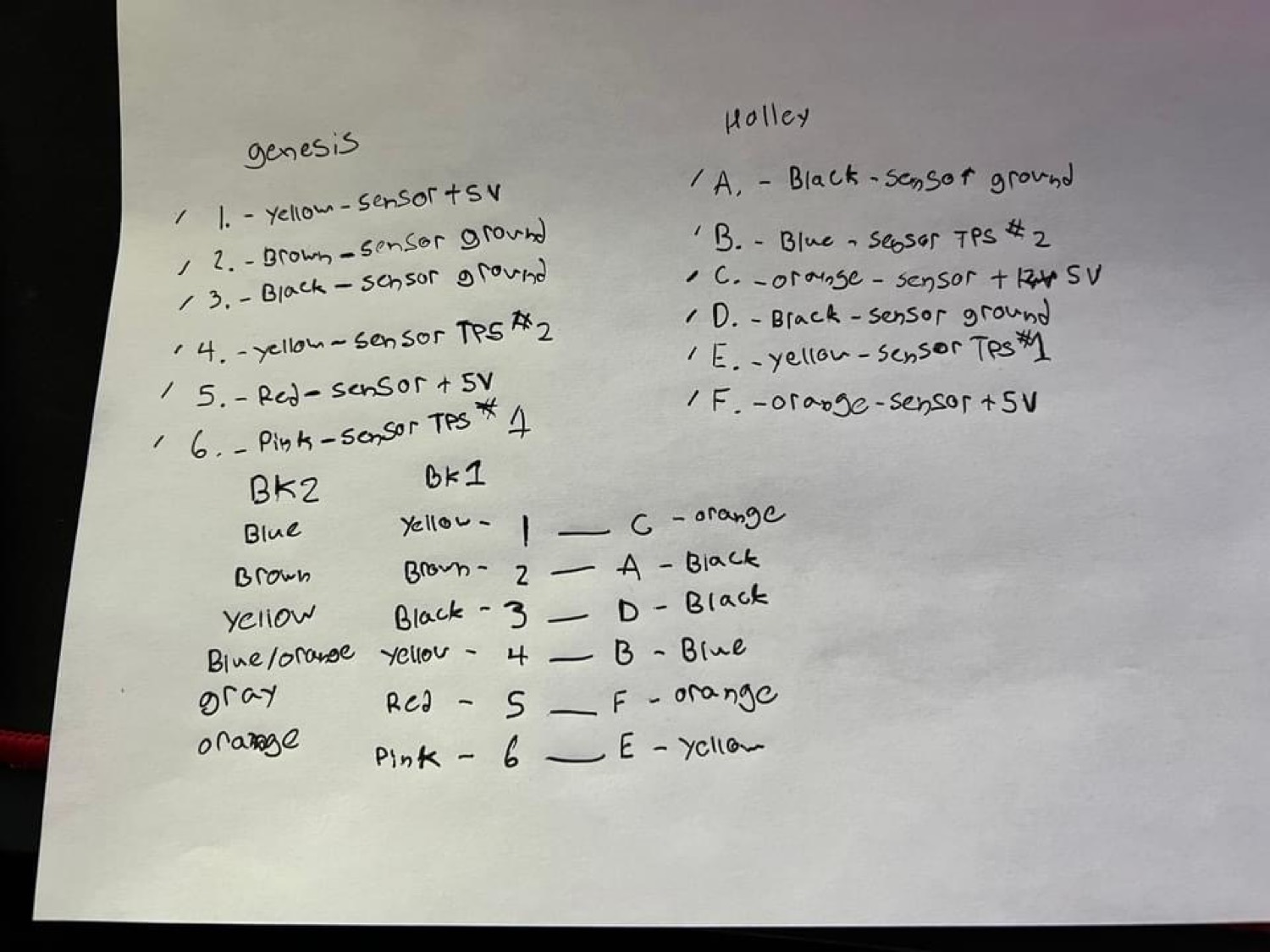 Handwritten Genesis pedal to Holley pin mapping for BK1 and BK2