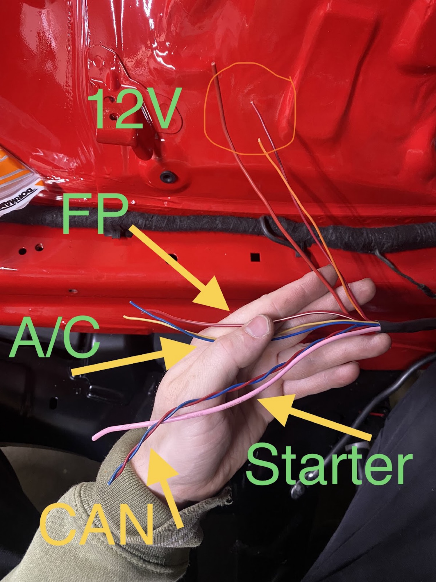 Passenger side fuse box wires labeled 12V, FP, A/C, CAN and Starter