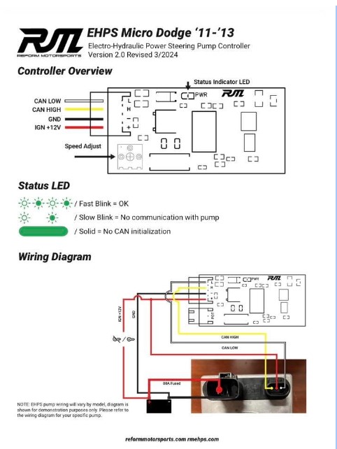 Reform Motorsports EHPS Micro Dodge controller wiring diagram with CAN, ground and ignition 12V