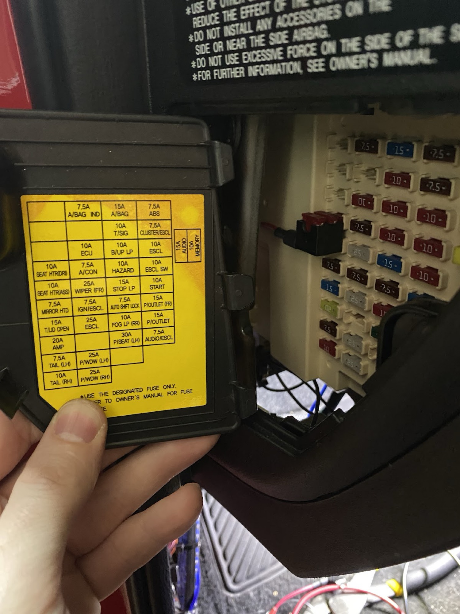 Driver side fuse panel with fuse label diagram