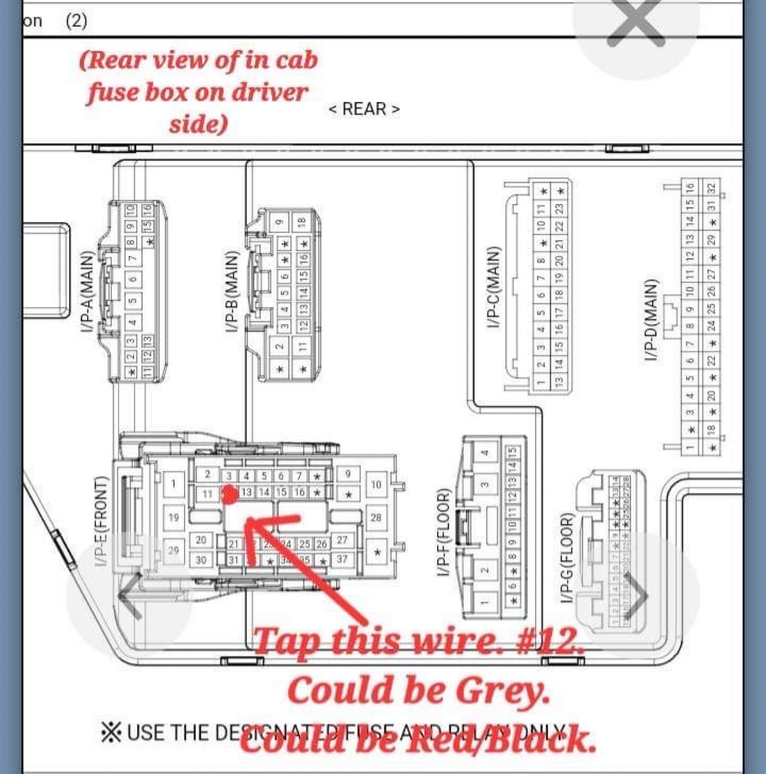 Diagram of driver side cabin fuse box rear view with wire 12 marked