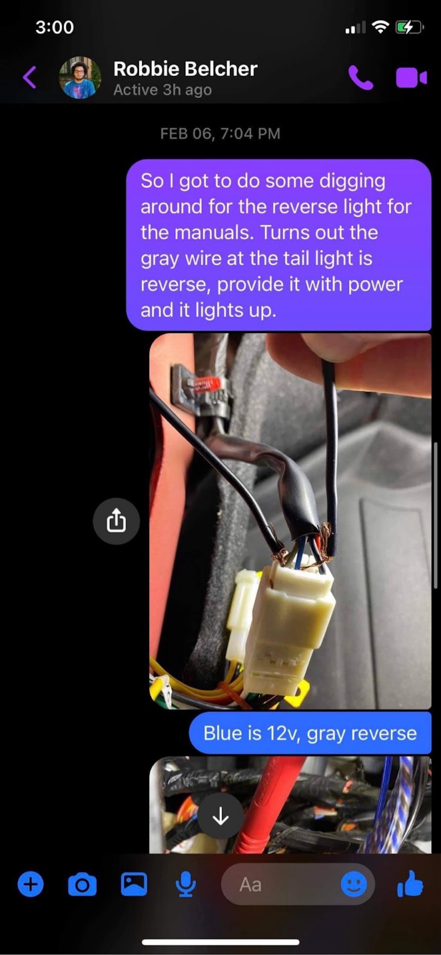Message screenshot showing gray reverse wire at BK2 tail light